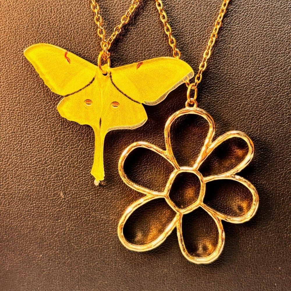 Luna Moth Flower Necklace Set Yellow Acrylic Kidcore Cottagecore